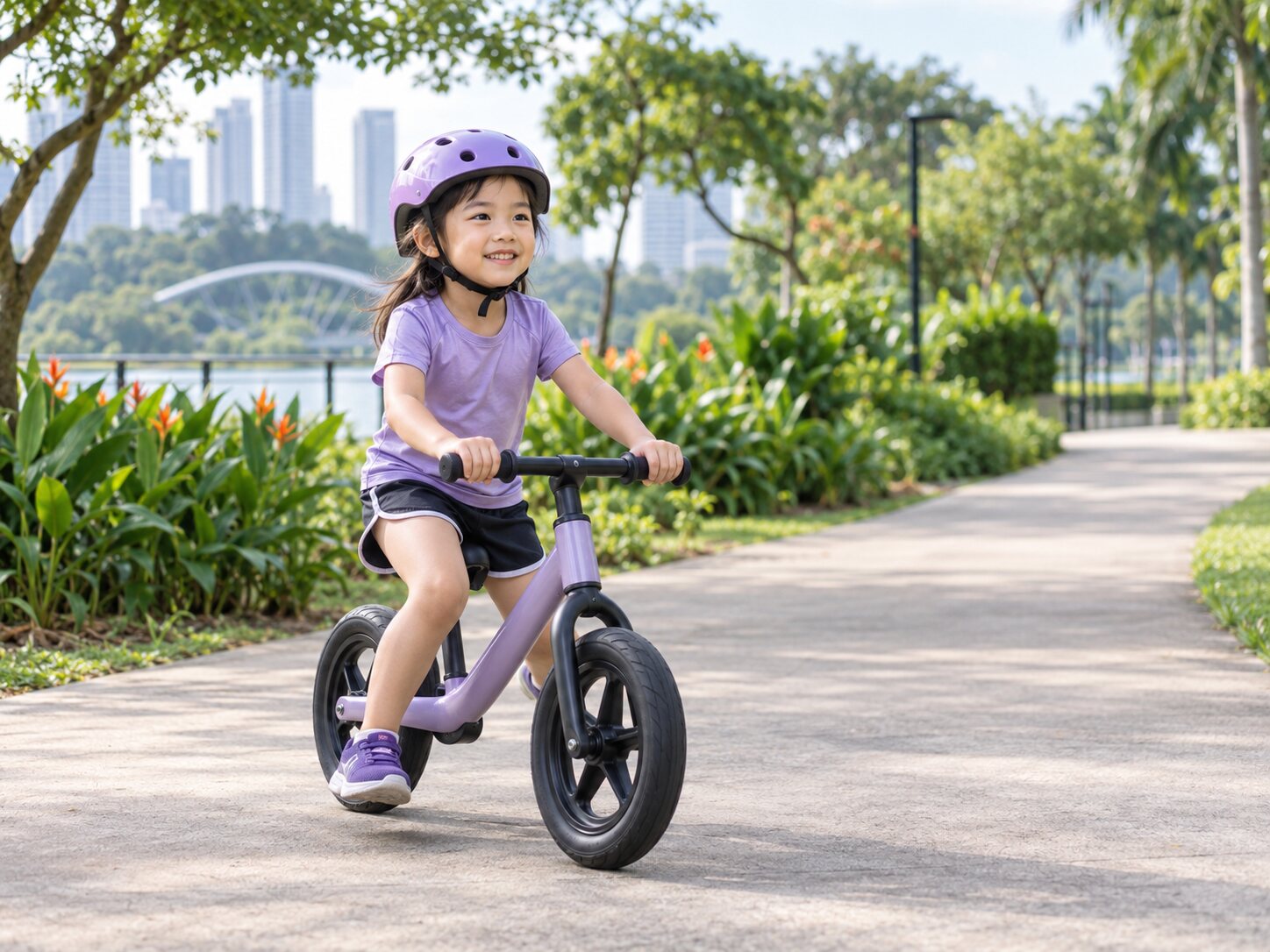 A young rider building confidence on a purple balance bike in Singapore