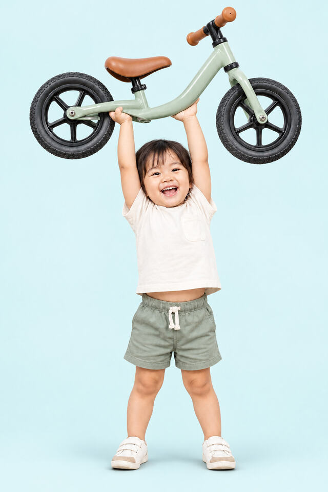 Young child confidently lifting a lightweight balance bike